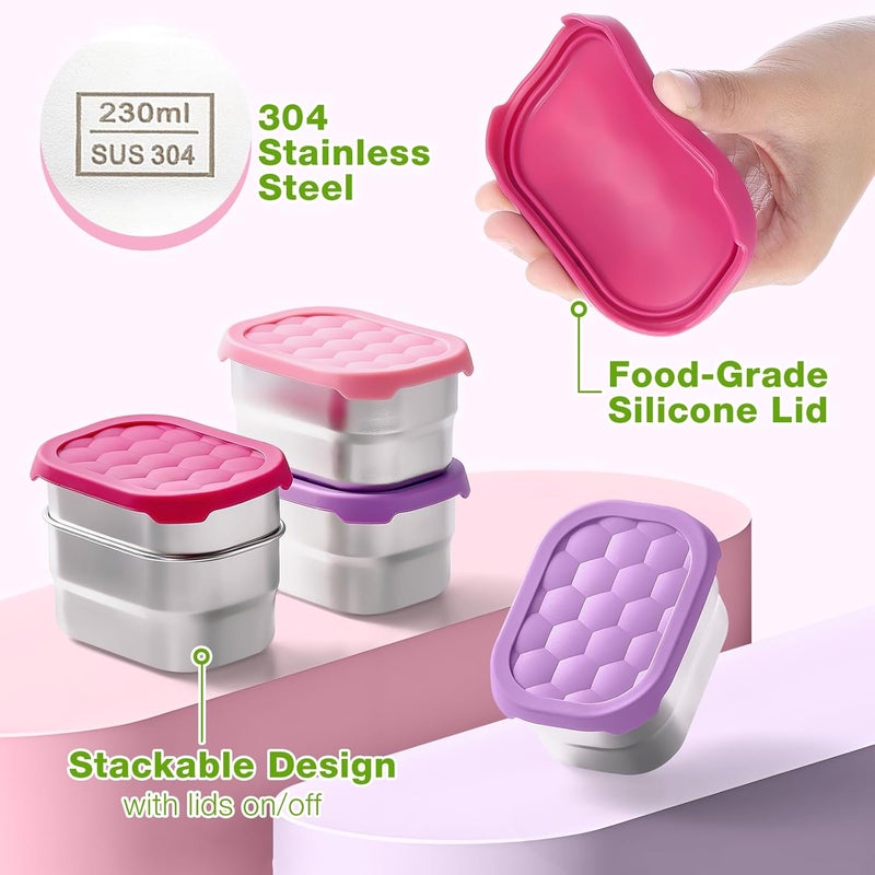 Gencywe 3 Pack Stainless Steel Snack Containers for Kids, 8 oz Easy Open Leak Proof Small Toddler Snack Containers with Silicone Lids, Stackable Metal Lunch Box for Daycare and School (Pink) - Image 4